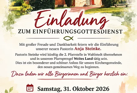 Zeichnung Christuskirche, darunter Einladungstext zu Einführungsgottesdienst