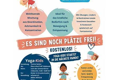 Plakat mit allen Infomationen zu den Yoga-Kis, bunte Kugeln und Zeichnungen von turnenden Kindern