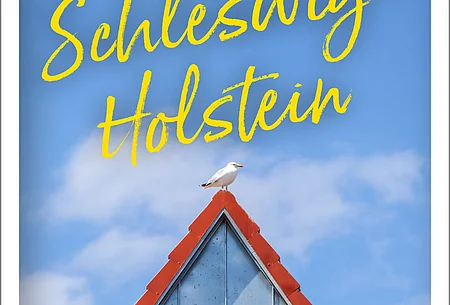 Plakat zum Buch 'Gebrauchsanweisung für Schleswig-Holstein', Darstellung eines Hausgipfels vor blauem Himmel