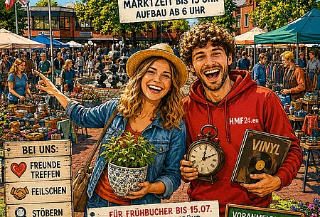 Plakat Zeichnung Junges Paar vor Flohmarkt sowie Veranstaltungsinfos_mit KI generiert