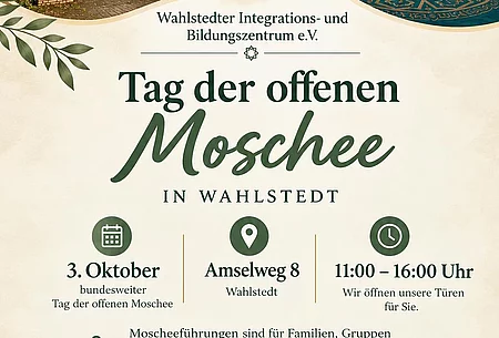 Plakat mit Foto der Wahlstedter Moschee von innen und außen sowie Informationen zur Veranstaltung